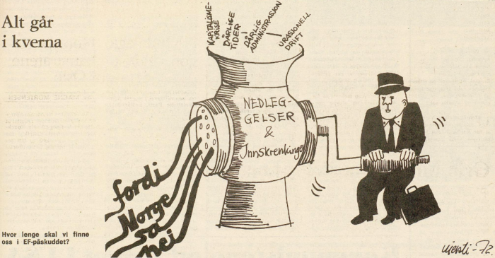 Tegning fra 5. desember 1972, Frihetens første utgave etter at avstemminga om EF-medlemsskap var klar.